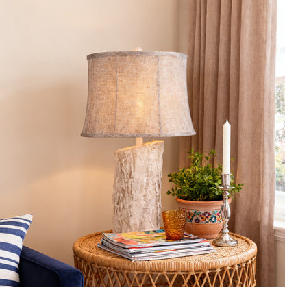 Rustic Table Lamp Bark Texture Resin Base Beige Fabric Shade E26 Bedside Living Room White 26.38 Inch