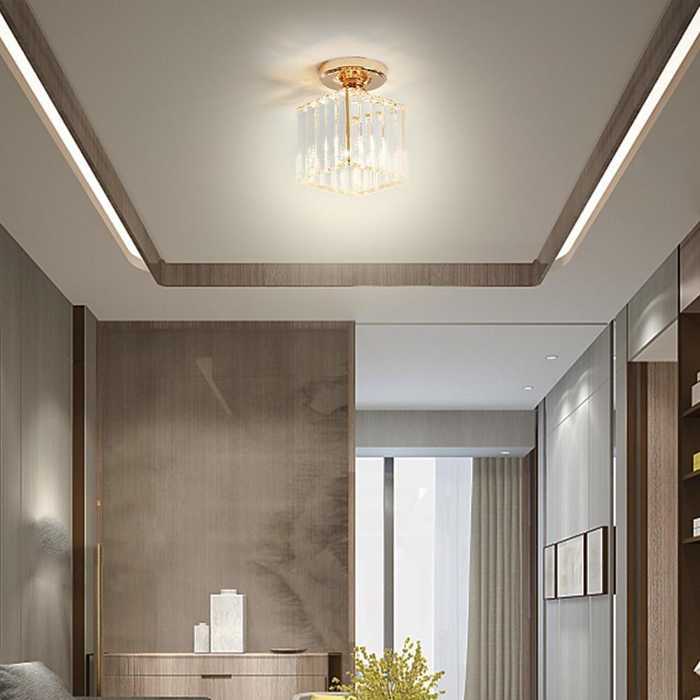 Crystal Semi-Flush Mount Ceiling Light — Nordic Modern Industrial Gold Black Round Square E26 E27 5 Inch