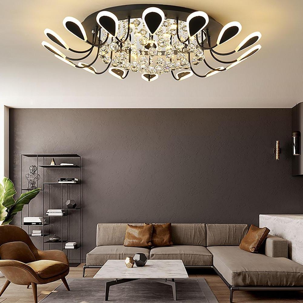 Flower-Shaped Crystal Semi-Flush Mount Ceiling Light — Modern Metal Acrylic Crystal LED White Black Dimmable 39 Inch