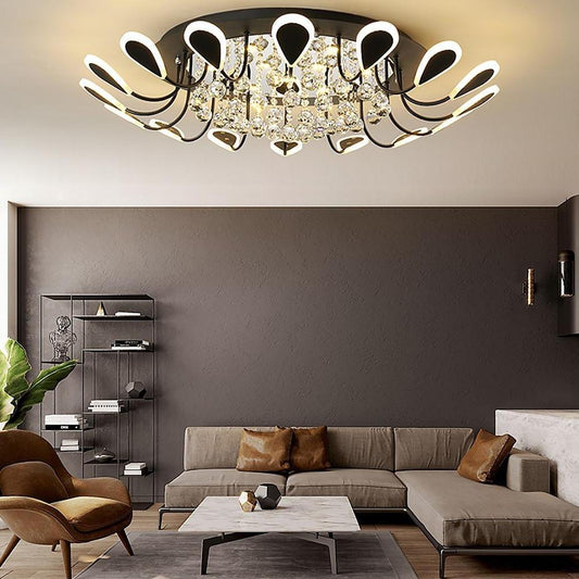 Flower-Shaped Crystal Semi-Flush Mount Ceiling Light — Modern Metal Acrylic Crystal LED White Black Dimmable 39 Inch