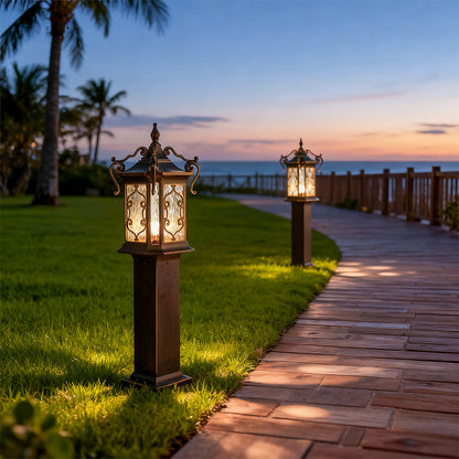 European Style Gilded Landscape Post Light Bronze Gold Aluminum Glass IP65 2 Sizes Villa Courtyard