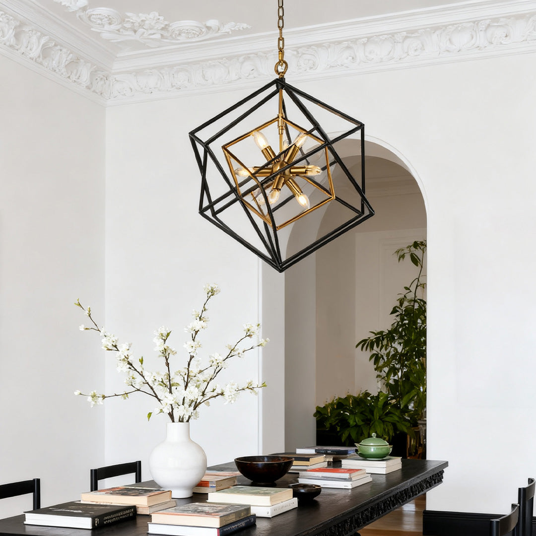 Square Geometric Pendant Light Industrial Black Gold Dual-Color Iron Frame E12 4-Light Dining Room Entryway 26 Inch