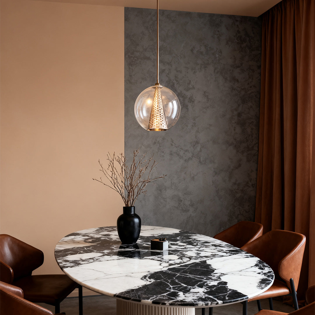 Glass Ball Pendant Light Italian Minimalist Clear Glass Perforated Copper Brass Cone E26 Dining Room 10 Inch