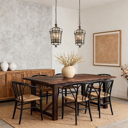 Italian Gothic Lantern Pendant Antique Bronze Iron 3-Light Transparent Glass E12 Dining Foyer