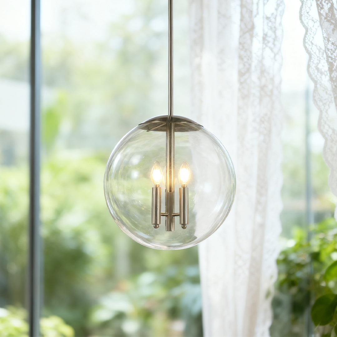 Glass Orb Pendant Light Modern Transparent Clear Globe Silver Nickel E12 3-Light Kitchen Island Dining Room 17 Inch