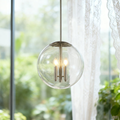 Glass Orb Pendant Light Modern Transparent Clear Globe Silver Nickel E12 3-Light Kitchen Island Dining Room 17 Inch