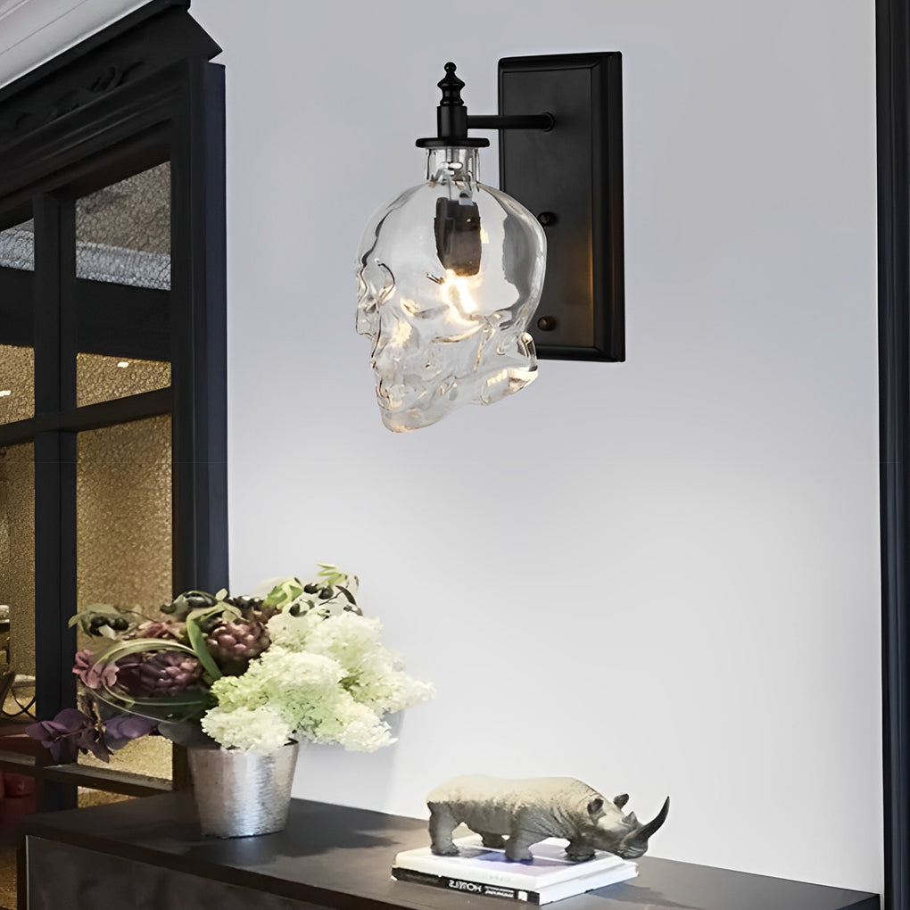 Skull Wall Sconce Industrial Glass Black Metal E14 LED Loft Bedroom