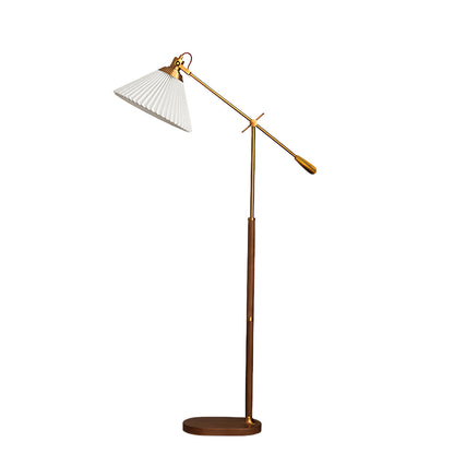 Floor Reading Lamp LED Swing Arm Pleated Fabric Shade Ash Wood Base Brass Pole Retro Luxury Dimmable Remote 2 Colors 49 Inch
