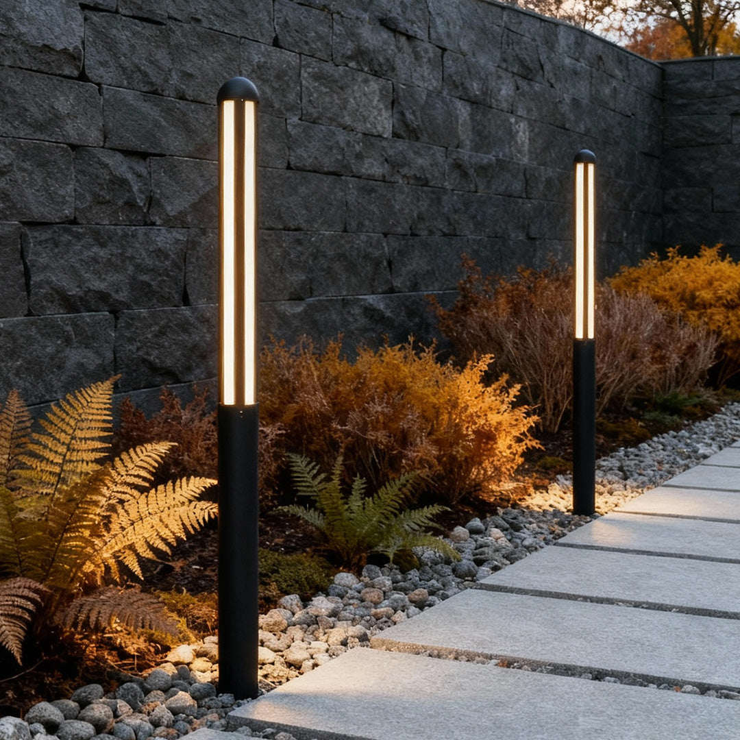 Tall Outdoor LED Bollard Light Slender Cylindrical Aluminum Black IP65 4 Heights