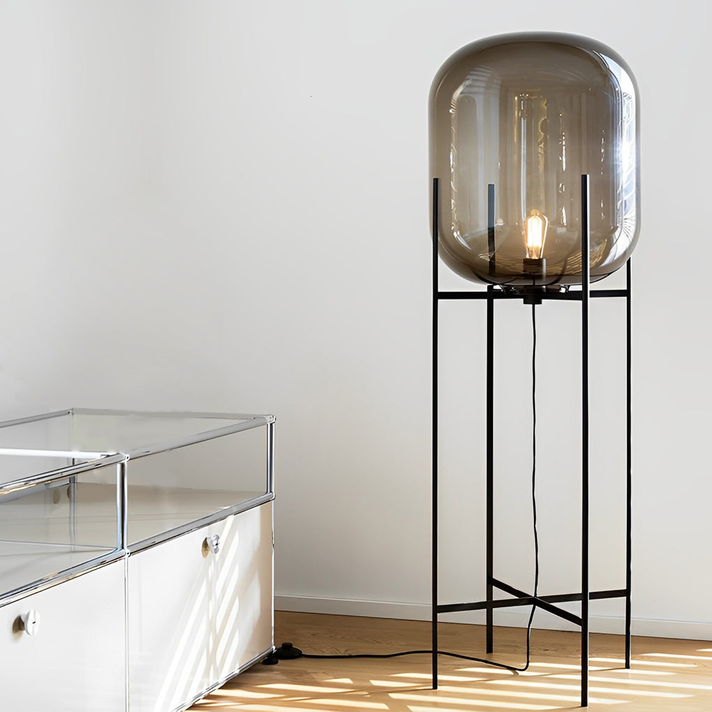 Decorative Floor Lamp Hand Blown Glass Shade Industrial Black Metal 4 Leg Base Smoke Gray Amber Warm White 3000K 3 Sizes Up To 55 Inch