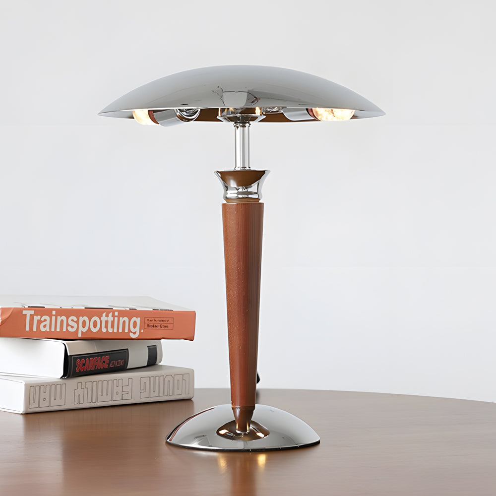 Modern Table Lamp Chrome Mushroom Umbrella Shade Walnut Wood Pole Retro 3 Step Color Temp LED E14 Bedside Living Room 15.35 Inch
