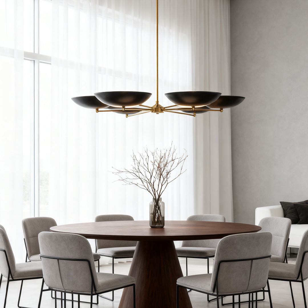 Black and Gold Six-Arm Disc Chandelier with Matte Black Shades and Brushed Gold Frame