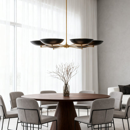 Black and Gold Six-Arm Disc Chandelier with Matte Black Shades and Brushed Gold Frame