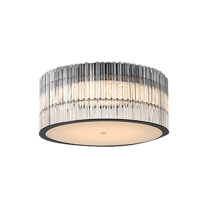 Round Drum Crystal Prism Rod Flush Mount in Black Metal and Transparent Glass with Warm White Integrated LED