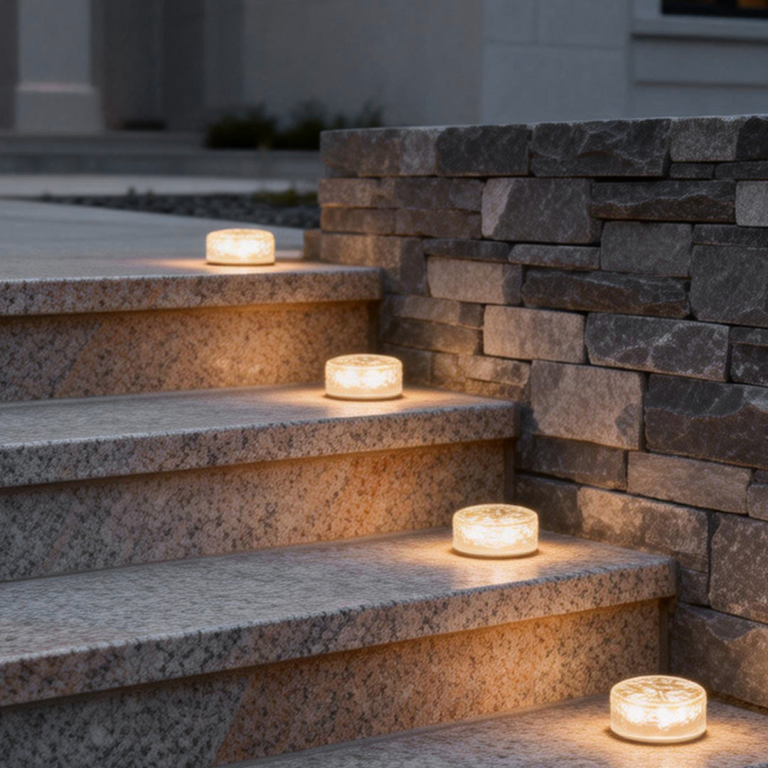 Solar LED Round Ice Brick Step Light Acrylic White Outdoor Garden Pathway IP65 4-Pack