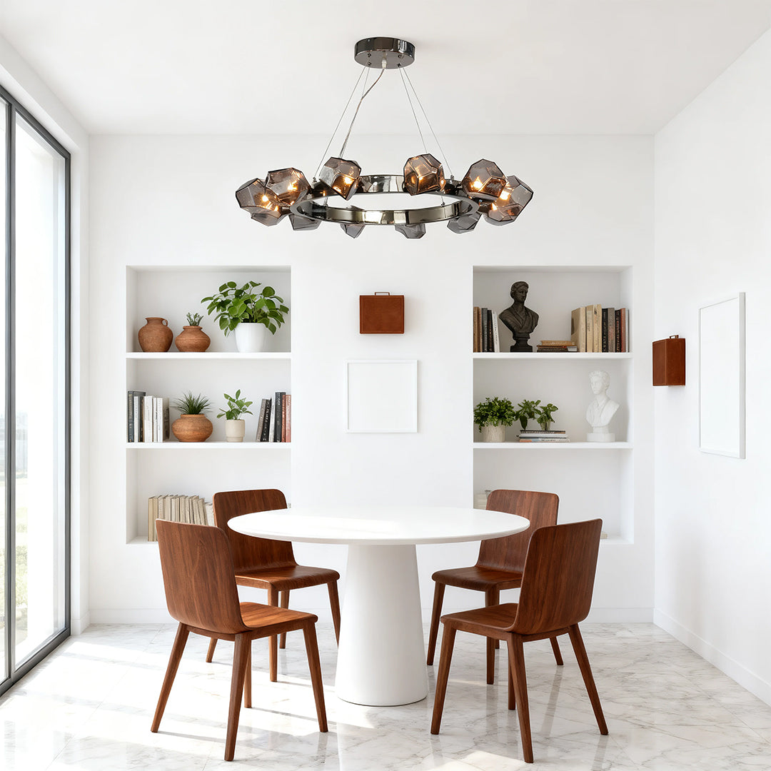 Modern Black Round Chandelier Geometric Glass Shades Ceiling Light Dining Room Living Room
