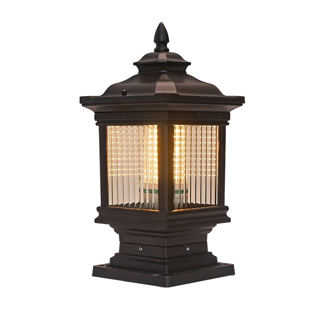 Retro Grille Brown Die-Cast Aluminum Glass Solar or Hardwired Outdoor Pillar Light IP55 3000K 3 Sizes Garden Gate