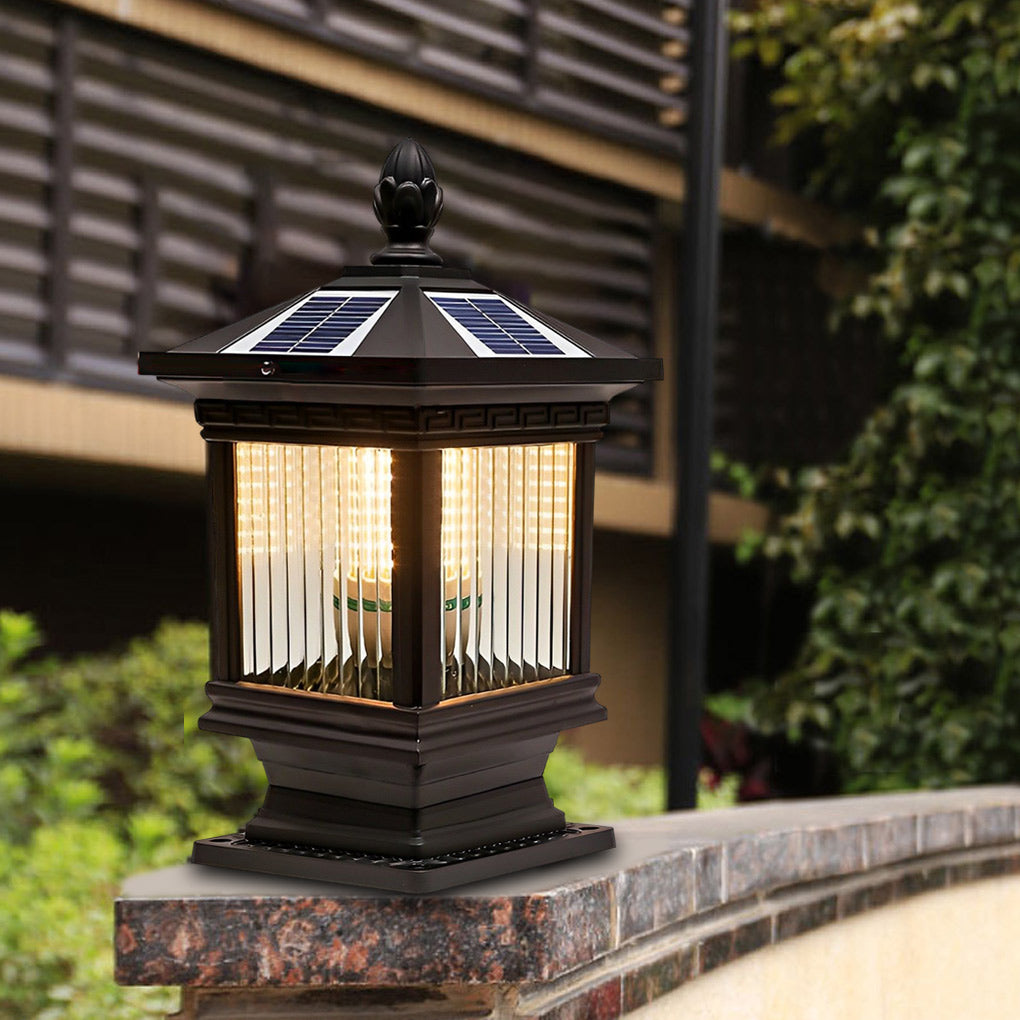 Retro Grille Brown Die-Cast Aluminum Glass Solar or Hardwired Outdoor Pillar Light IP55 3000K 3 Sizes Garden Gate