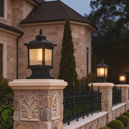 Retro Grille Brown Die-Cast Aluminum Glass Solar or Hardwired Outdoor Pillar Light IP55 3000K 3 Sizes Garden Gate