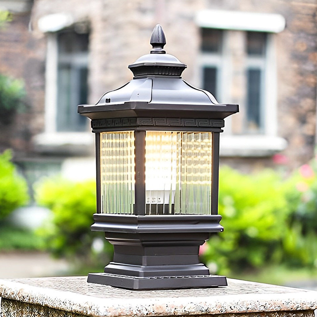 Retro Grille Brown Die-Cast Aluminum Glass Solar or Hardwired Outdoor Pillar Light IP55 3000K 3 Sizes Garden Gate