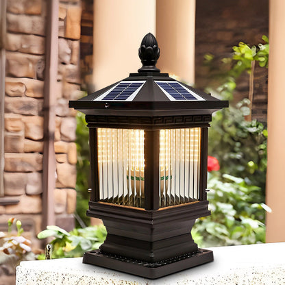 Retro Grille Brown Die-Cast Aluminum Glass Solar or Hardwired Outdoor Pillar Light IP55 3000K 3 Sizes Garden Gate