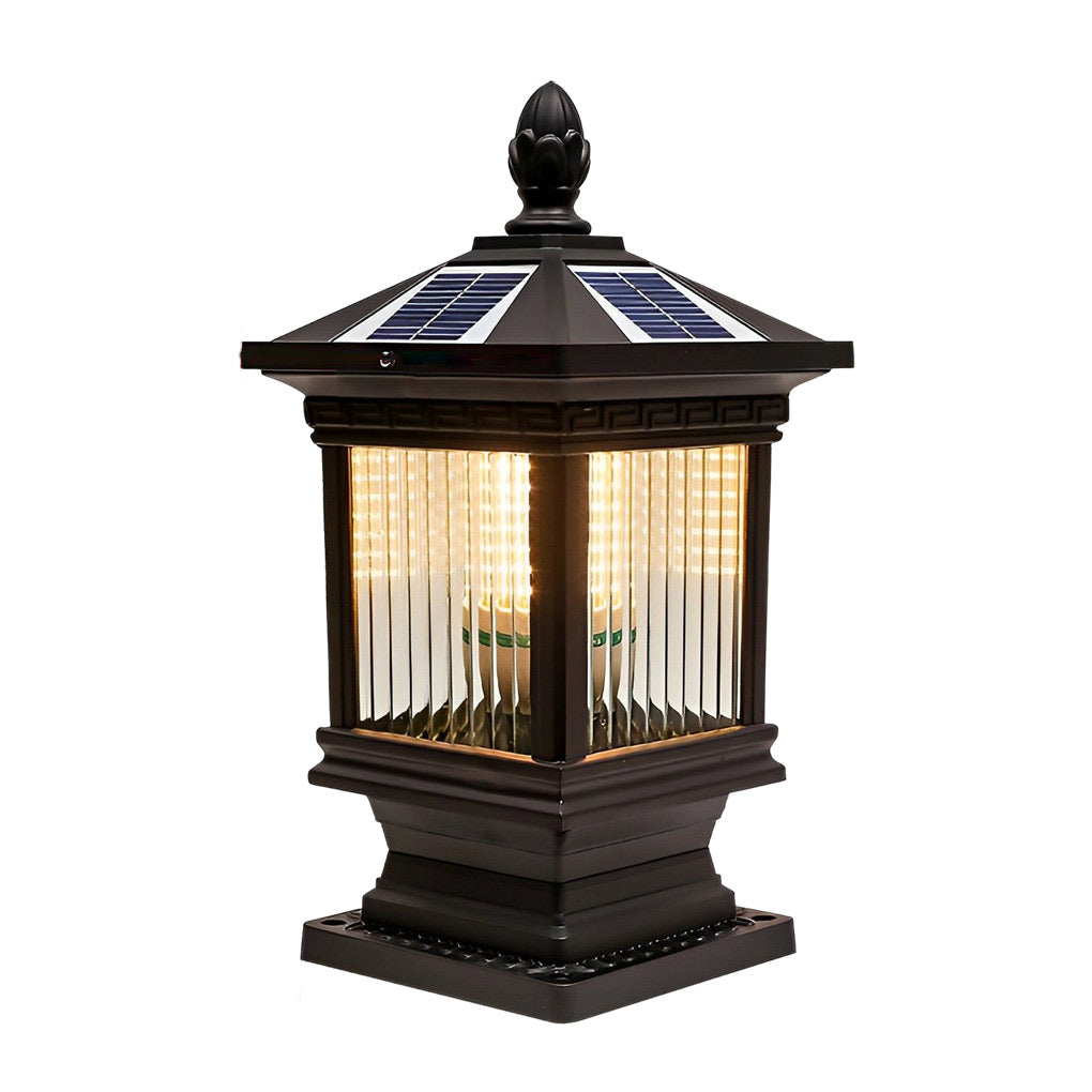 Retro Grille Brown Die-Cast Aluminum Glass Solar or Hardwired Outdoor Pillar Light IP55 3000K 3 Sizes Garden Gate