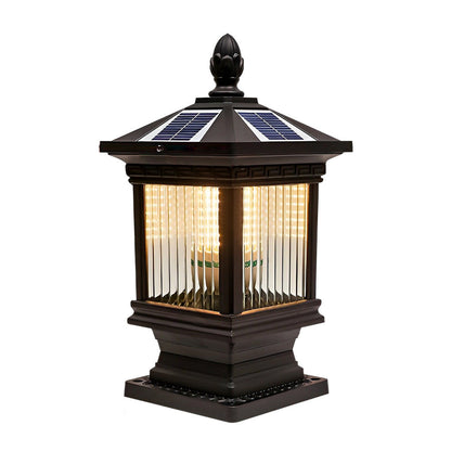 Retro Grille Brown Die-Cast Aluminum Glass Solar or Hardwired Outdoor Pillar Light IP55 3000K 3 Sizes Garden Gate