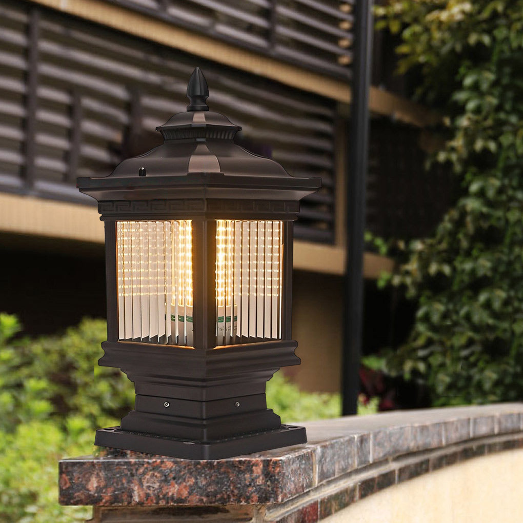 Retro Grille Brown Die-Cast Aluminum Glass Solar or Hardwired Outdoor Pillar Light IP55 3000K 3 Sizes Garden Gate