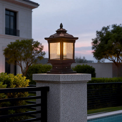 Retro Grille Brown Die-Cast Aluminum Glass Solar or Hardwired Outdoor Pillar Light IP55 3000K 3 Sizes Garden Gate