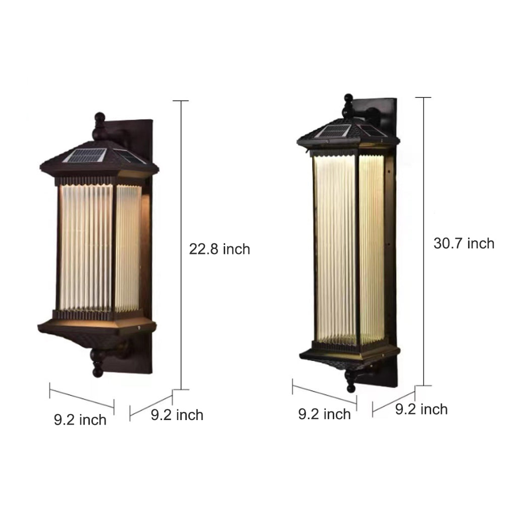 Retro Solar Outdoor Wall Sconce Die-Cast Aluminum Striped Glass Coffee IP65 3 Color Temperature 2 Heights Courtyard Villa