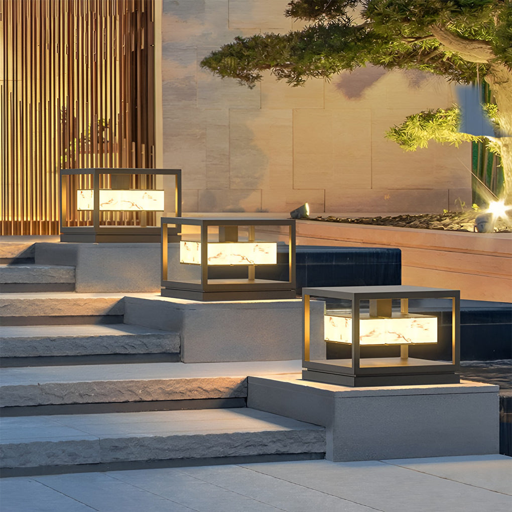 Modern Brick Square Stainless Steel PC Outdoor Pillar Light Black Single or Double Layer Solar or Hardwired IP65 Villa Gate