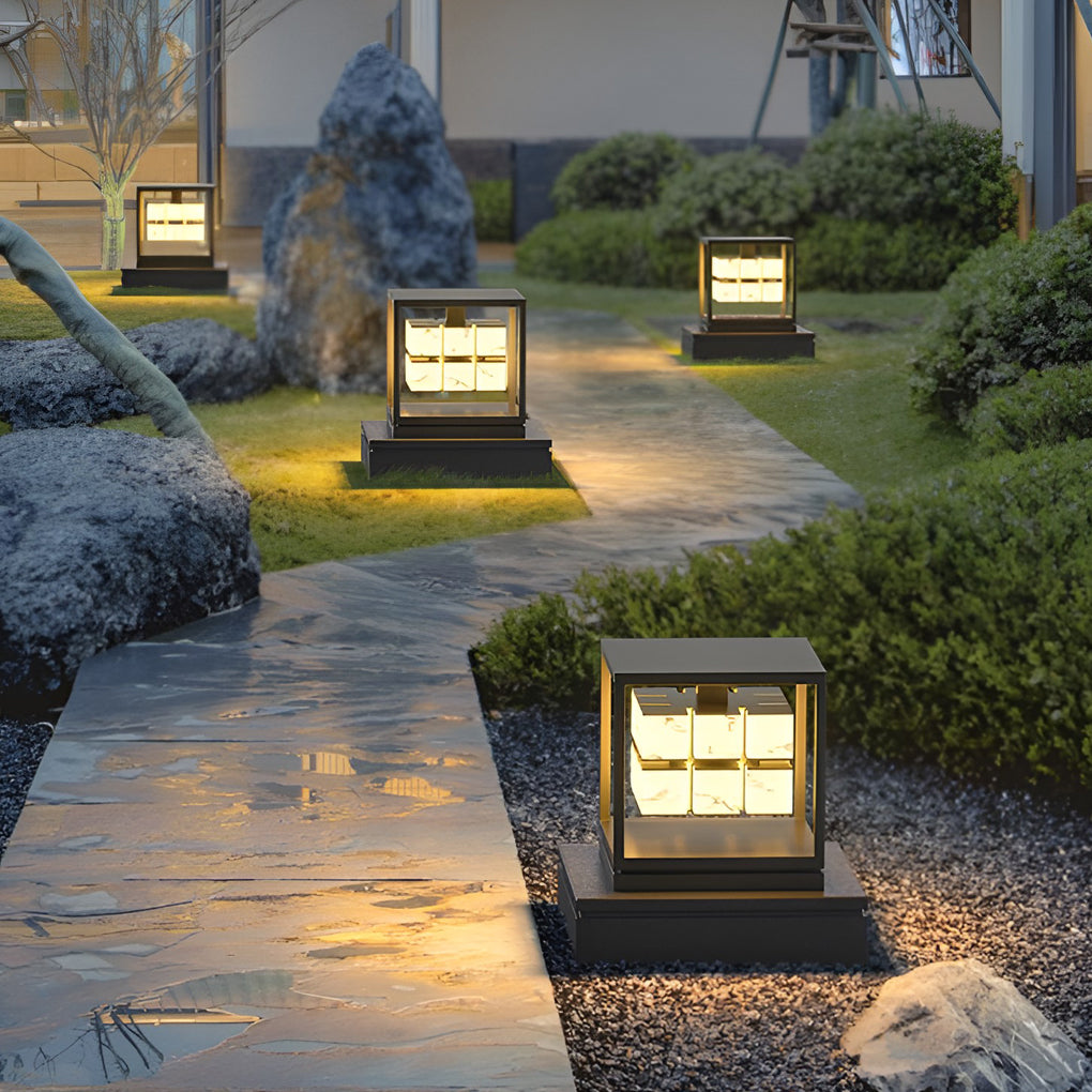 Modern Brick Square Stainless Steel PC Outdoor Pillar Light Black Single or Double Layer Solar or Hardwired IP65 Villa Gate