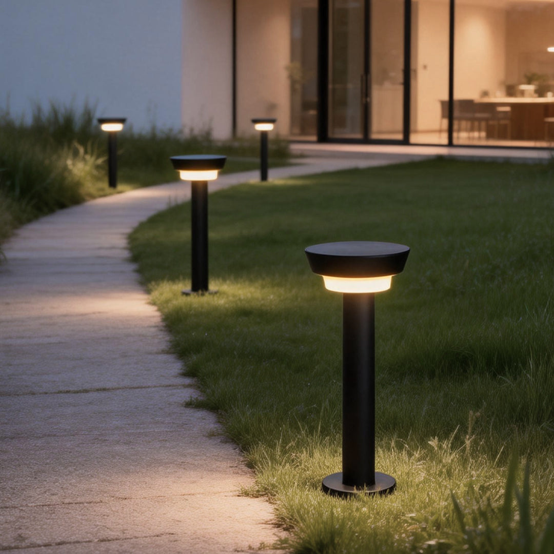Modern Cylindrical Solar LED Bollard Light Adjustable Spike Base Waterproof Outdoor Pathway Lighting Black Aluminum IP65