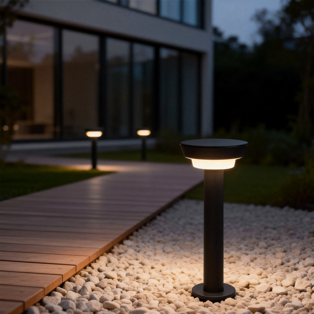 Modern Cylindrical Solar LED Bollard Light Adjustable Spike Base Waterproof Outdoor Pathway Lighting Black Aluminum IP65