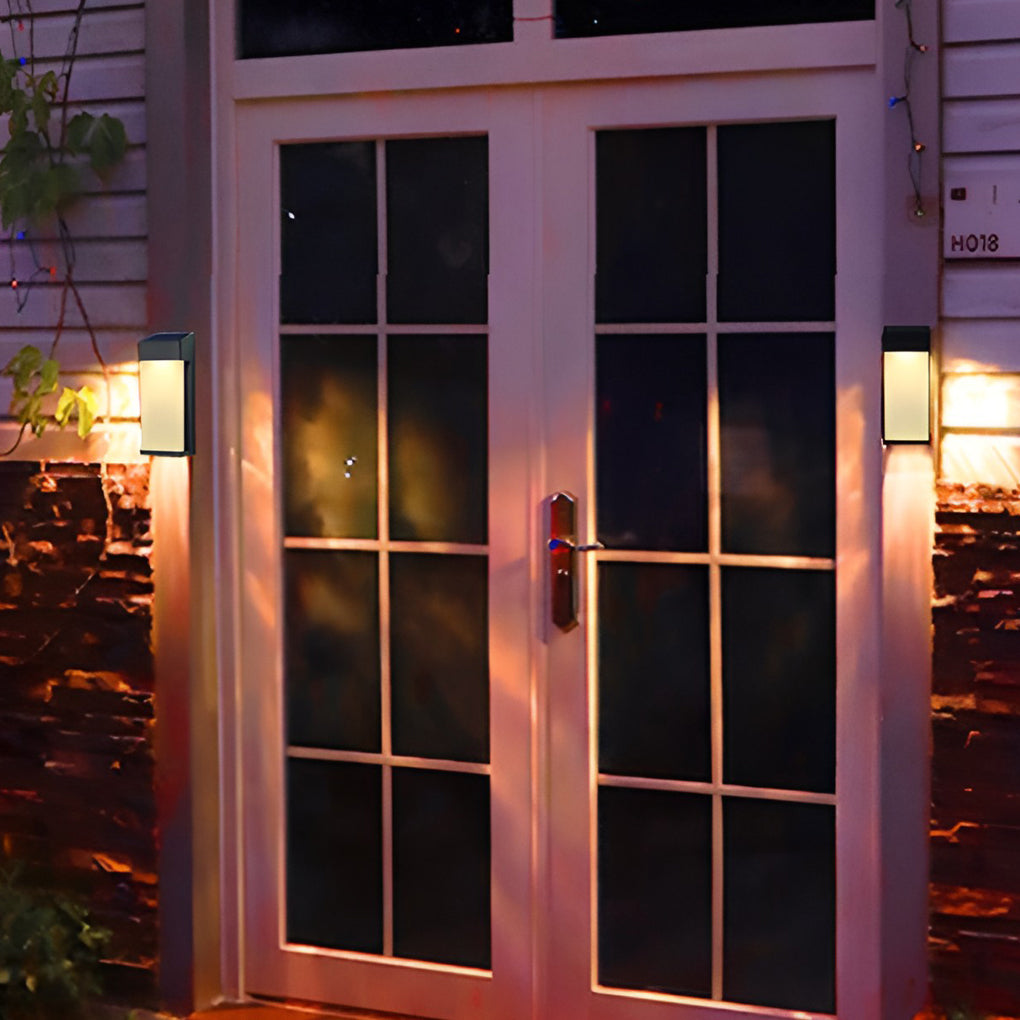 Solar Outdoor Wall Sconce Black Frosted Glass LED 3000K 2-Pack Entrance Porch