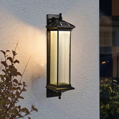 Retro Solar Outdoor Wall Sconce Die-Cast Aluminum Striped Glass Coffee IP65 3 Color Temperature 2 Heights Courtyard Villa