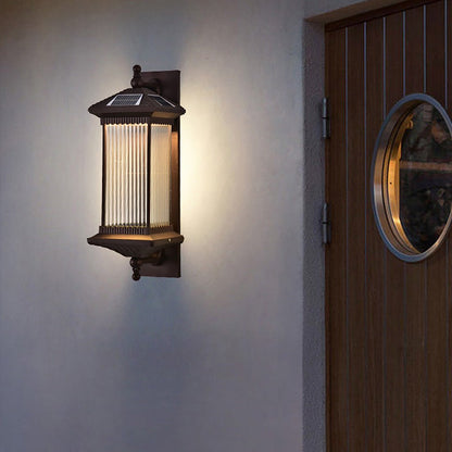 Retro Solar Outdoor Wall Sconce Die-Cast Aluminum Striped Glass Coffee IP65 3 Color Temperature 2 Heights Courtyard Villa
