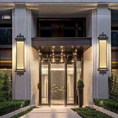 Retro Solar Outdoor Wall Sconce Die-Cast Aluminum Striped Glass Coffee IP65 3 Color Temperature 2 Heights Courtyard Villa
