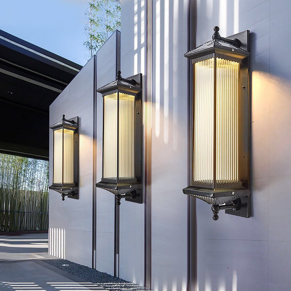 Retro Solar Outdoor Wall Sconce Die-Cast Aluminum Striped Glass Coffee IP65 3 Color Temperature 2 Heights Courtyard Villa