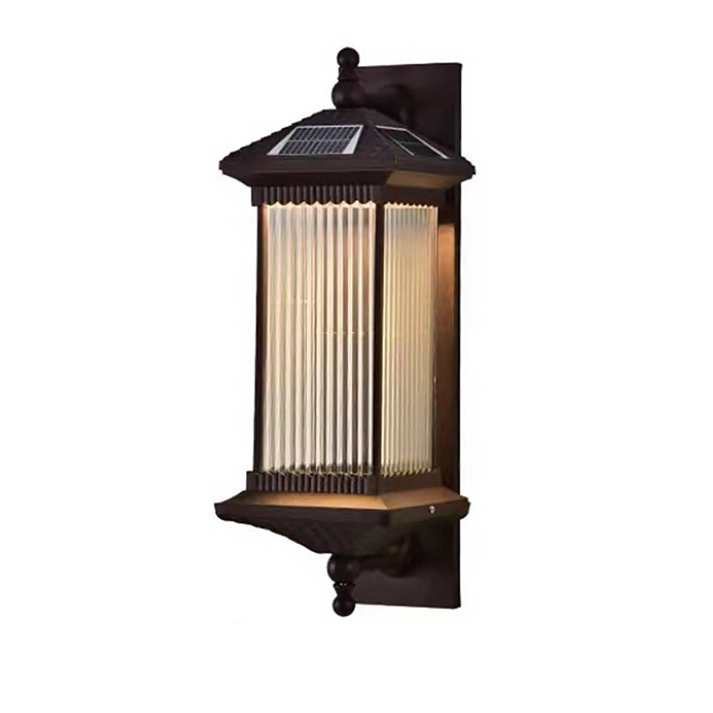 Retro Solar Outdoor Wall Sconce Die-Cast Aluminum Striped Glass Coffee IP65 3 Color Temperature 2 Heights Courtyard Villa