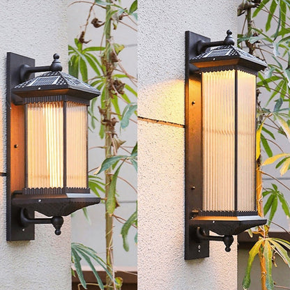 Retro Solar Outdoor Wall Sconce Die-Cast Aluminum Striped Glass Coffee IP65 3 Color Temperature 2 Heights Courtyard Villa