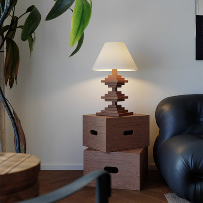 Solid Beech Wood Table Lamp American Retro Walnut Finish Full Spectrum LED 8W Beige Fabric Shade Stacked Geometric Base 22.44 Inch
