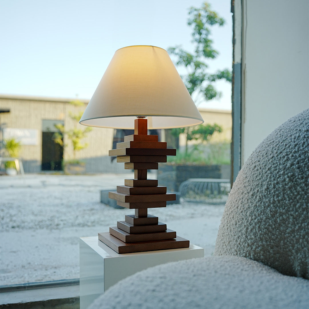 Solid Beech Wood Table Lamp American Retro Walnut Finish Full Spectrum LED 8W Beige Fabric Shade Stacked Geometric Base 22.44 Inch