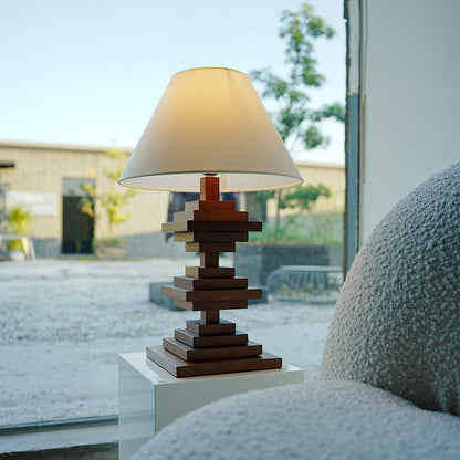 Solid Beech Wood Table Lamp American Retro Walnut Finish Full Spectrum LED 8W Beige Fabric Shade Stacked Geometric Base 22.44 Inch