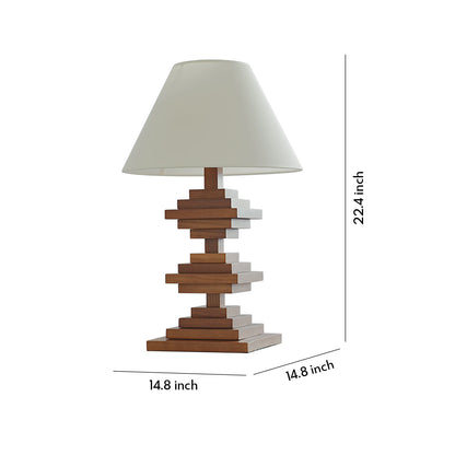 Solid Beech Wood Table Lamp American Retro Walnut Finish Full Spectrum LED 8W Beige Fabric Shade Stacked Geometric Base 22.44 Inch