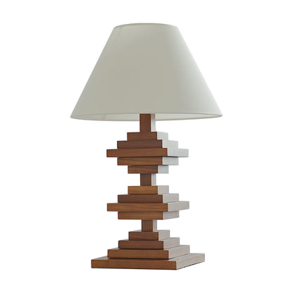 Solid Beech Wood Table Lamp American Retro Walnut Finish Full Spectrum LED 8W Beige Fabric Shade Stacked Geometric Base 22.44 Inch