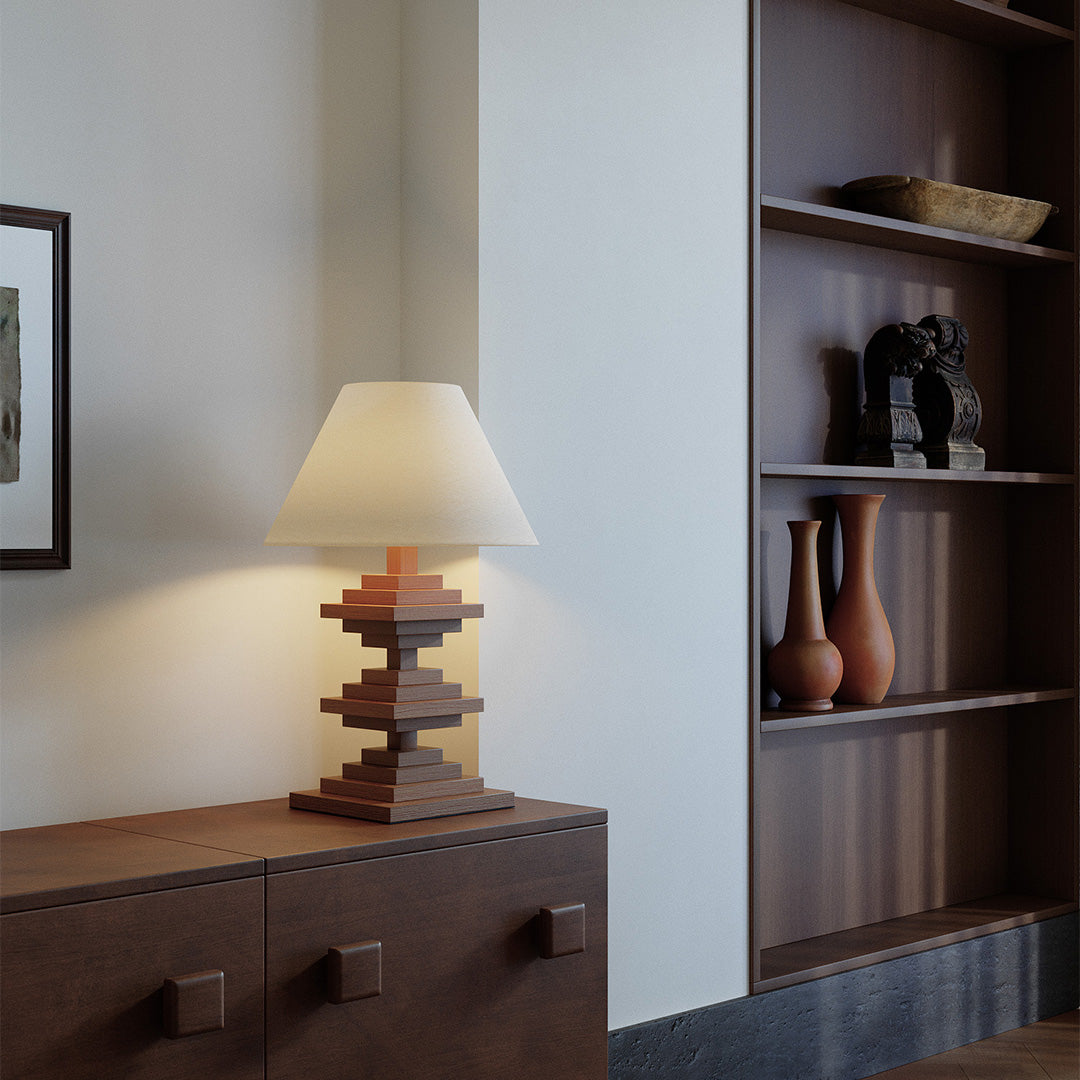 Solid Beech Wood Table Lamp American Retro Walnut Finish Full Spectrum LED 8W Beige Fabric Shade Stacked Geometric Base 22.44 Inch