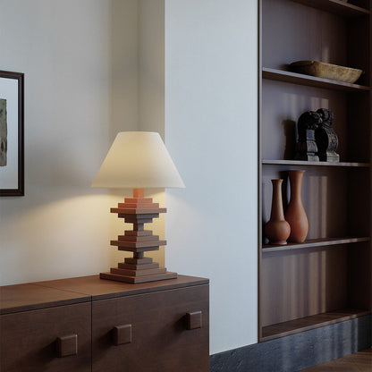 Solid Beech Wood Table Lamp American Retro Walnut Finish Full Spectrum LED 8W Beige Fabric Shade Stacked Geometric Base 22.44 Inch