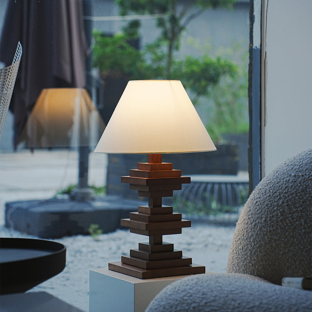 Solid Beech Wood Table Lamp American Retro Walnut Finish Full Spectrum LED 8W Beige Fabric Shade Stacked Geometric Base 22.44 Inch