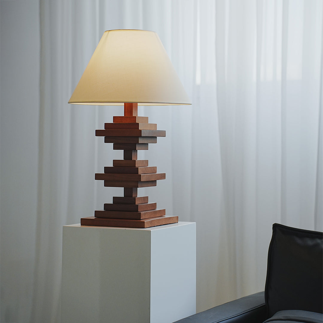Solid Beech Wood Table Lamp American Retro Walnut Finish Full Spectrum LED 8W Beige Fabric Shade Stacked Geometric Base 22.44 Inch